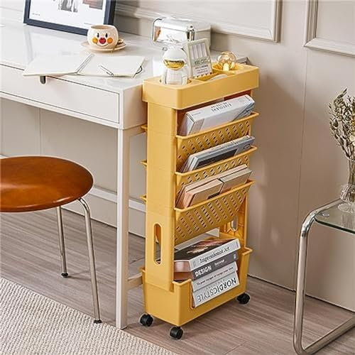 FLYIFE Zeitschriftenständer, mobiles Bücherregal auf Rollen, Bücherwagen mit Rollen, 5-stufiges Standregal, Aktenhalter, Rollwagen, mobiler Wagen für Wohnheim, Klassenzimmer, Rosa