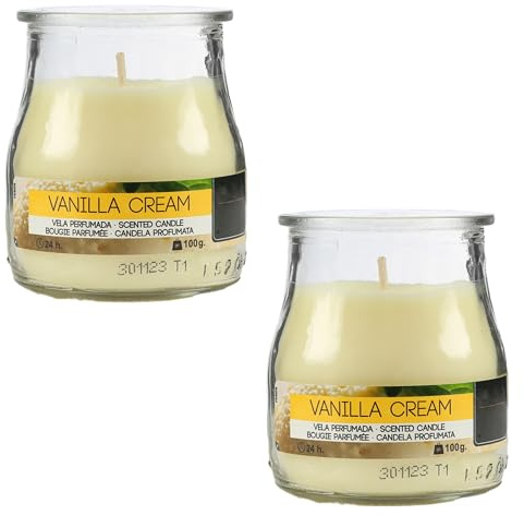 Pack de 2 Velas Aromáticas en Vaso de Yogurt de Cristal Reciclable - 24h de Duración，Cera Vegetal Perfumada, Fabricadas en España, 7x6cm (Vainilla Cream)