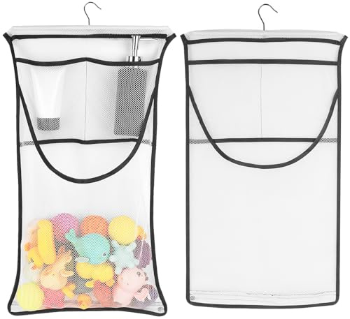 Adorila Badespielzeughalter, große Kapazität, Badespielzeug, Organizer, Reißverschluss unten, Netz-Dusch-Caddy für Badewannen-Spielzeug (dunkelgrau), Schwarz, 2 Stück