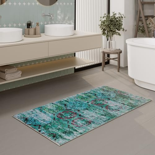 Wecon Home Beach Front Badteppich, 55 x 65 cm, grün | Badezimmerteppich waschbar und rutschfest im Vintage-Stil für ein modernes, stilvolles Bad