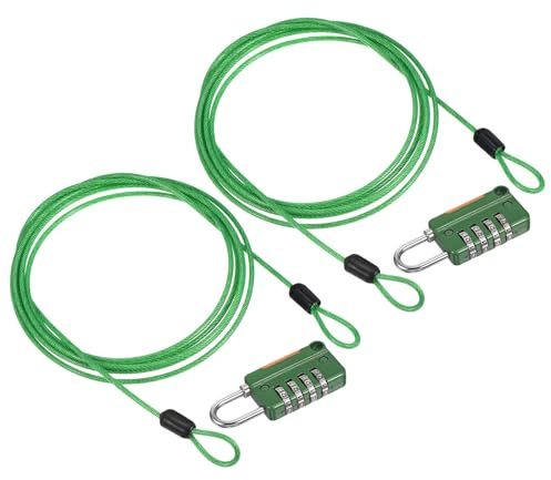PATIKIL Security Steel Cable with 4 Digit Combination Lock, 2 Set 6.6Ft Coated Safety Wire Rope Double Loop Padlock for Outdoor Travel Luggage, Green
