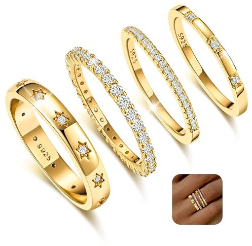 KENIY 4 Stück Gold Ringe Frauen Stapelringe mit Zirkonia 14 Karat Vergoldete Ringe Set Ring Gold Damen Fingerring Daumenringe Verlobungsring Schmuck