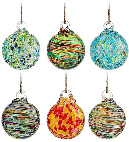 Hand Blown Glass Hanging Christmas Ball Ornaments Glass Gazing Balls Blown Witches Balls Decorative Hanging Ornaments for Window Garden Patio(Set of 6)
