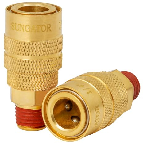 SUNGATOR 2 Pack 3/8'' Male NPT Industrial Air Couplers with 1/4'' Flow Hole, Brass 3/8'' MNPT Thread to 1/4'' Air Hose Fittings, Quick Connect Pneumatic Air Couplers with Pre-Coated Sealant