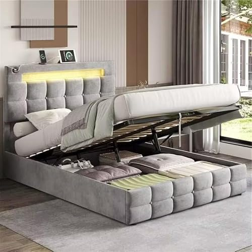 BTM Upholstered Double Bed with Storage and LED Lighting, Double Bed Frame with Storage Headboard and Charging Station, 4ft6-135x190cm, Grey (No Mattress)