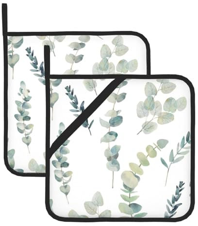 Set di 2 presine bianche con ramoscello verde naturale, da cucina, utilizzato per cuocere a microonde, servire il forno e grigliare