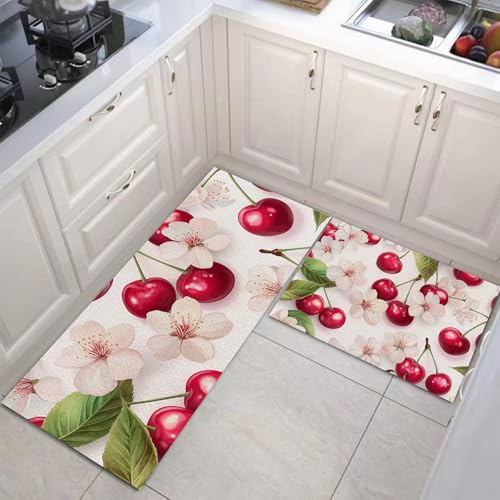 MULERN Set Di 2 Tappeti Da Cucina Antifatica, Ciliegia Sakura Tappetini Da Cucina Per La Decorazione Della Casa E L'Ufficio, Antiscivolo Comodi Acquerello Tappetini Da Cucina 43X75Cm+43X150Cm