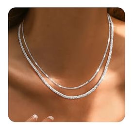 JeweBella 2 Stück Kette Damen Silber Halskette Layerd Lange Halskette 18K Goldkette Silberkette ohne Anhänger Stapelbare Choker Kette Damen Gold/Silber
