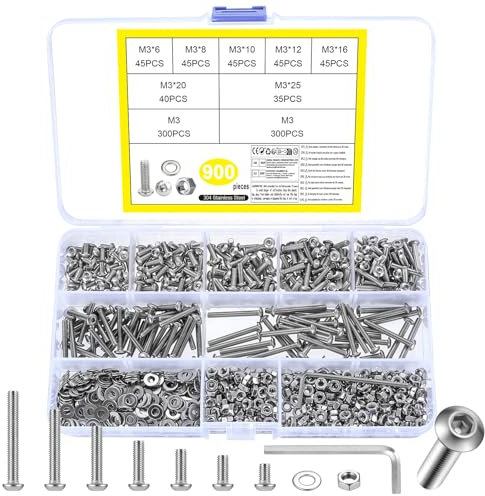 M3 Schrauben Set, 900 Stk Linsenkopfschrauben mit Muttern Set, Innensechskantschrauben Muttern Set, Gewindeschrauben und Muttern Set, Edelstahl Maschinenschrauben Sortiment Unterlegscheiben Set(M3)