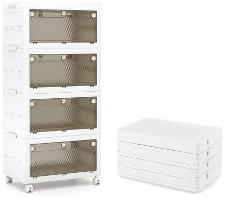 COSTWAY Boîte Rangement Plastique 168 L, 4 Caisses de Rangement Empilables avec Couvercles, Roulettes, Boite Empilable pour Vêtement, Livres, Jouets, Poignée, Caisse pour Chambre (168 L)