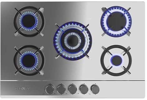 Cecotec Plaque de Gaz Butane et Naturel 5 Feux Bolero Squad G 5200S Inox. 11000 W, Acier Inoxydable, Grilles Individuelles en Fonte, WOK Triple Couronne, Allumage Électrique, Système de Sécurité