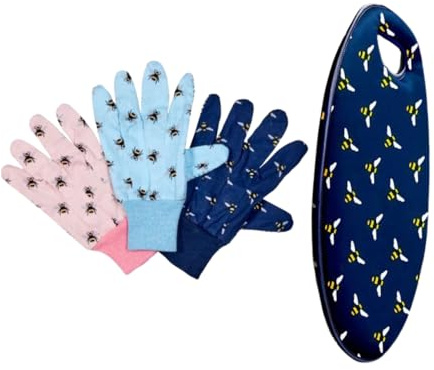Garden Mile Bumble Bee Garden Kneeler Triple Pack Cotton Grip Garden Gloves Lightweight with Handles Multi-Use Indoor Outdoor Durable Gardening Protection (Bees Triple Pack Gloves and Kneeler)