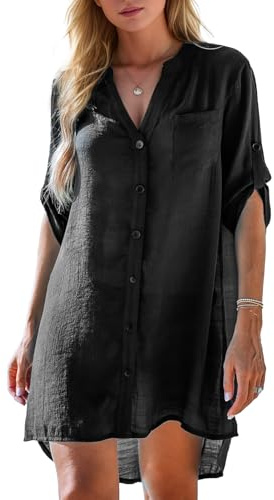 Damen Strandkleid Bikini Cover Up Strandponcho Damen Sommer Pareos Sommerkleid Elegant Bademode Strand Vertuschen Shirt (DE/NL/SE/PL, Alphanumerisch, L, Regular, Regular, Schwarz)