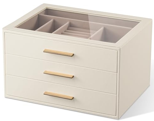 pickpiff Jewelry Box Organizer Case for Women: 3-Layer Jewelry Storage Case with Glass Window, Ivory Leather with Pink Velvet, Holder for Ring Necklace Bracelet Brooch Watch, Great Gift for Her