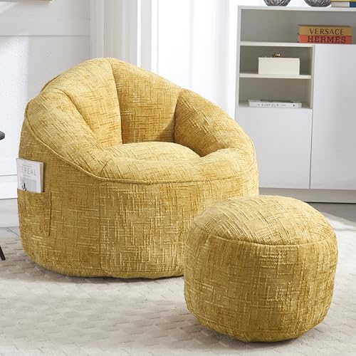 ZONJIE Sitzsack Sessel mit Hocker, Schaukelstuhl, Flauschiger Cord Stoff, Bean Bag Sofa, Sitzsäcke mit Füllung, Bequemer Sessel Wohnzimmer, Komfortabler Gaming Sessel für Schlafzimmer, Lounge (Gelb)