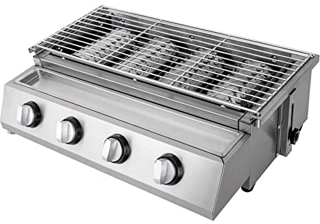Barbacoa de gas de 4 quemadores para camping, altura regulable, gran espacio de cocción 0-7 cm, conexión de gas giratoria 360°, parrilla eléctrica, quemador de cerámica infrarroja, para camping