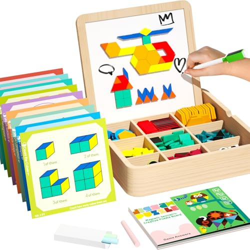edutree Montessori-Magnet-Tangram-Set aus Holz mit 248 Teilen, STEM-Lernspiel für Kinder von 4–8 Jahren, kreative Puzzles mit Karten und Stift