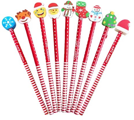 Chtuiklri 30 Pezzi Natale Matite per Cartoni Animati con Gomma Natalizi, 9 Stili con Alberi di Natale/Calze di Natale/Pupazzo di Neve/Alce/Fiocco di Neve, Pensierini natale, Gadget natale bambini