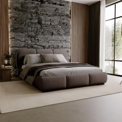 Chilly. Möbel Design Bett Savona - Polsterbett 180x200 mit Bettkasten, Lattenrost und Kopfteil – Eleganter Bouclé-Stoffbezug Braun