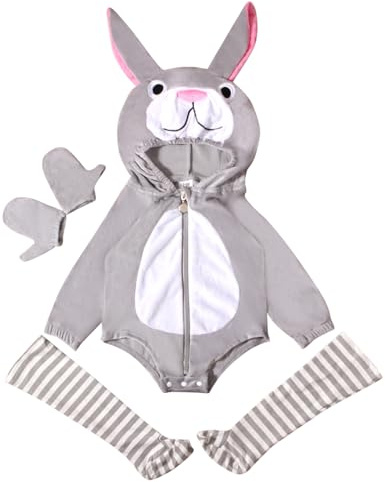 QJDFLL Newborn Infant Baby Costumes Girl Boy Outfits Long Sleeve Bodysuit Clothes Hooded Romper with Socks Gloves Cosplay(Grey,12-18 Months)