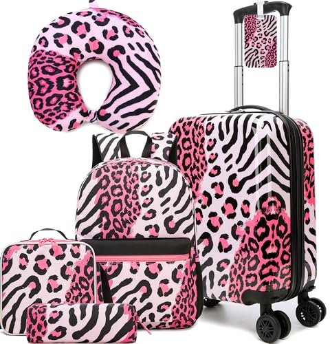 HTgroce Set med 5 resväskor för flickor med ryggsäck, nackeputs, bagageetikett, lunchlåda, pennfack, flickväska, 31 cm x 19.5 cm x 40.5 cm