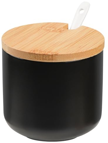 HOMSPE Zuccheriera nera con coperchio, in ceramica, da 283,5 g, con coperchio e cucchiaio, barattolo per sale, per condimento, zucchero, con cucchiaio, 1 pezzo (nero)