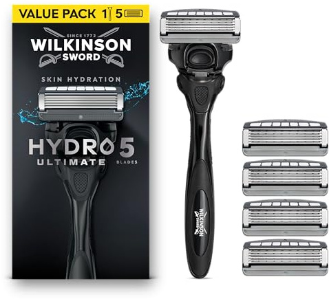 Wilkinson Sword Hydro 5 Ultimate mäns rakapparat, ekonomipack, hyaluronsyra, karbonbelagda blad, rakhandtag plus 5 ersättningsblad