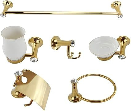 Set Accessori Bagno di Lusso 6 Pezzi - Design Oro e Cristalli in Acrilico - Kit Completo da Parete Elegante Vintage