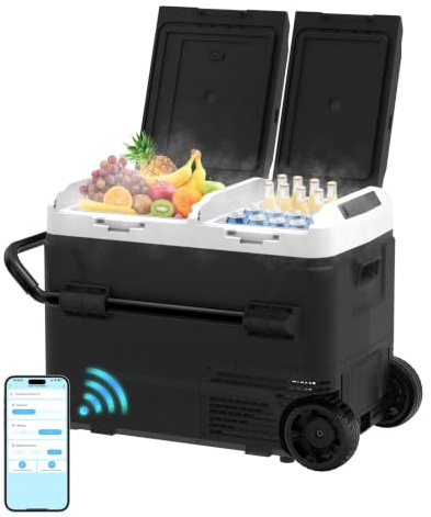 AS 50L Kompressor Kühlbox Dual Zone, Elektrische Kühlbox 12V /24V mit APP Steuerung, -20°C Tragbare Gefrierbox, kühlschrank mit Rollen und Teleskopgriff für Auto, LKW, Camping und Wohnmobil