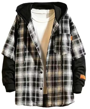 Chemise à capuche 2 pièces pour homme - 2 en 1 - Avec capuche - Manches longues - Multicolore - En flanelle - Chemise bûcheron avec motif à carreaux - En coton - Chemise longue à carreaux