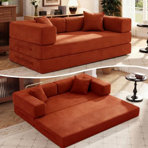 Vipbear Schlafsofa 200cm Breit,5-in-1 Faltbares Boneless Couch Orange | Bodensofa Bed Cordstoff 3er mit Schlaffunktion,Klappsofa Gästebett mit Armlehnen & Rückenkissen,Metallrahmen,ohne Montage