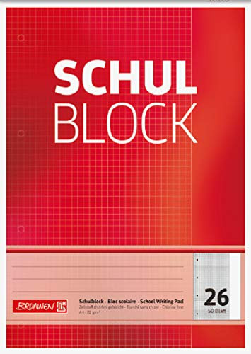 Brunnen 1052526 Schulblock / Notizblock (A4, 50 Blatt, kariert, mit Rand, Lineatur 26, gelocht, kopfverleimt, 70 g/m²)
