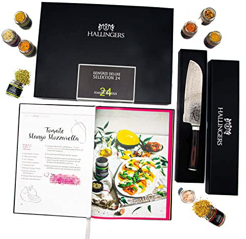 Hallingers Deluxe Selektion 24 & Deluxe Santoku & Kochbuch - Gewürz Geschenkset, Bundle Gewürze, Messer Deluxe & Kochbuch (Set) - Geschenkideen Weihnachten & Geschenke Adventskalender | Neues Zuhause