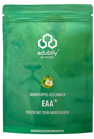 edubily nutrition® EAA Pulver • Hochwertiger veganer Aminosäuren Komplex aus 10 essentiellen Aminosäuren (EAAs) • Saurer Apfel Geschmack • Mit Stevia gesüßt • 400 g
