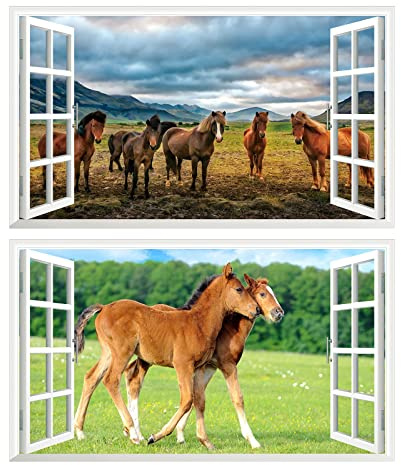 2Pcs Pferd Horse Schwarz Weiss Wandtattoo 3D Effekt XXL Wanddurchbruch Fenster Wandaufkleber für Junge Mädchen Kinderzimmer Groß V05 1000 mm breit x 600 mm tief (groß)