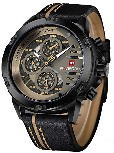 NAVIFORCE Reloj Deportivo Militar Impermeable de Cuarzo analógico para Hombre con Fecha y Correa de Cuero, Amarillo, japonés