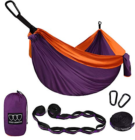 Gold Armour Camping Hammock - XL Double Parachute Hammock (2 Tree Straps 16 LOOPS/10 FT Included) USA Brand Lightweight Nylon Portable Mens Womens Kids Best Camping Accessories Gear