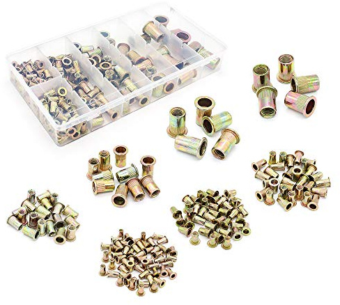 Yuhtech 165 Pcs Gemischte Nietmutter aus Kohlenstoffstahl, Nietmutter Werkzeug Flachkopf Gewinde Rivet Nutsert Cap Sortiment kit