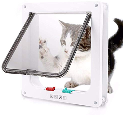 YTLJJ Gattaiola per Gatti Porta per Gatti Cani Entrata Uscita Controllabile,Porta Scorrevole per Finestra di Sicurezza Porta Bloccabile Basculante con Blocco 4 Vie Entrata Uscita,Bianca,M