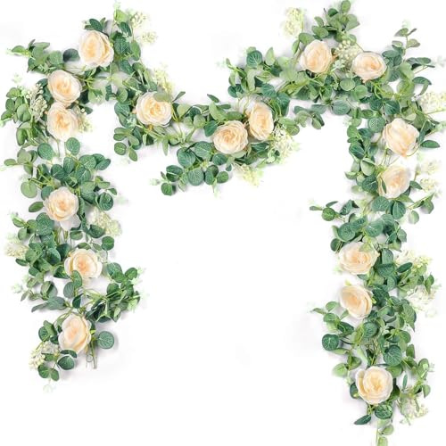 Der Rose 2 Pcs 13FT Artificial Floral Garland, Flower Eucalyptus Spring Garland with Champagne Rose, Faux Flower Vine for Wedding Decor Arch Backdrop & Table Decor