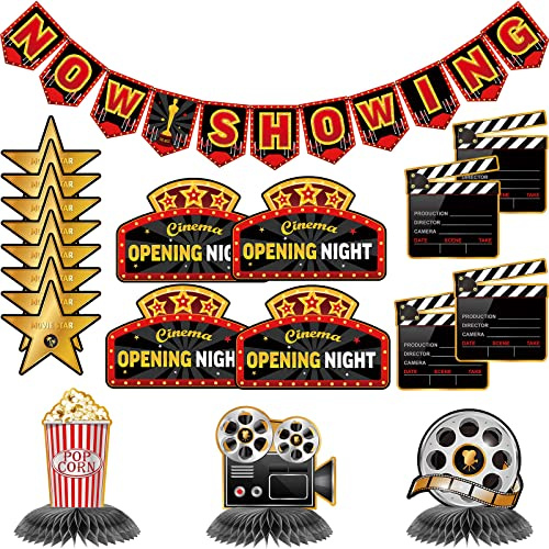 Boao 36 Stück Filmnacht-Partydekorations-Set | “Now Showing” Banner, Film-Waben-Tischmittelstücke & Filmausschnitte für Filmnacht-Partys