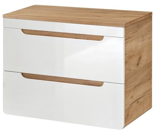 Lomadox Waschtischunterschrank 81 cm LUTON-56 in Hochglanz weiß mit Wotan Eiche Nb., B/H/T ca. 81/61,5/46 cm