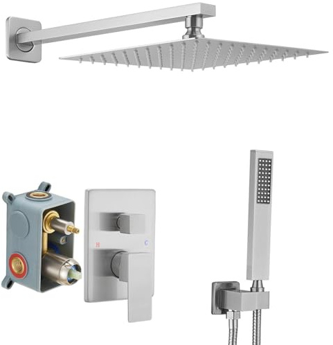 JingGang Brushed Nickel Shower System 10 Inch Bathroom Luxury Rain Mixer Shower Combo Set Wall Mounted Rainfall Shower Head and Handheld System Shower Faucet Rough-in Valve Body and Trim Kit