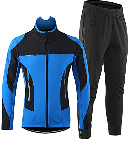 TDHLW Fahrradjacke Herren Wasserdicht Atmungsaktiv Fahrradhose Thermo Fleece Fahrradbekleidung Langarm Set Regenjacke Fahrrad Softshelljacke Winddicht Mantel Hosen,Blau,XL