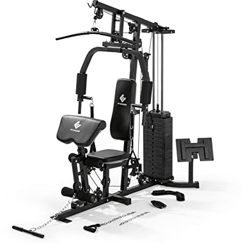 FitEngine Kraftstation | Multifunktions-Homegym für den ganzen Körper | Gewichte bis zu 67 kg einstellbar, mit Latzugstange, Beinpresse, Bizepscurl-Polster u.v.m. | Hochwertiges Stahlmaterial