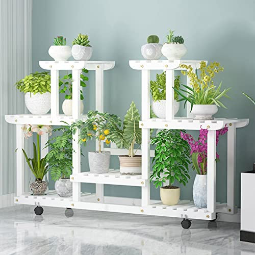 XJHOME Pflanzentreppe Holz Blumenständer mit Rollen Pflanzenregal Blumenregal Balkon Blumentreppe Holz Blumenbank mehrstöckig Blumentöpfe Holzregal