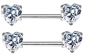HQLA 14G Dainty CZ Love Heart Nipple Rings Tongue Ring Surgical Steel Nipple rings Piercing Women Barbells 2Pcs 25/8(16mm) (Silver - Style A)