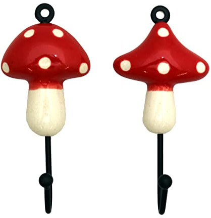 Colourful Wall Hooks, Children's Clothes Hooks, Colourful Motif, Handmade, Ceramic and Black Metal, Hand Painted Towel Hook (Mushroom Set/4)