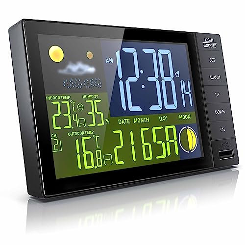 CSL - Funk Wetterstation mit Farbdisplay - Wireless Funksensor/Außensensor - Thermometer - DCF Signal Funkuhr - Alarm - Hygrometer - Luftfeuchtigkeit - Trendanzeige