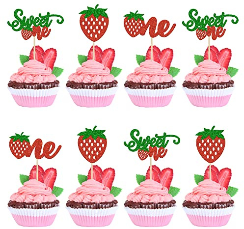 Gyufise 24Pcs Strawberry One Cupcake Toppers Glitter Sweet One First Birthday Cupcake Picks for Fruit Theme Baby Shower Kids 1st Birthday Anniversary Party Cake Decorations Supplies